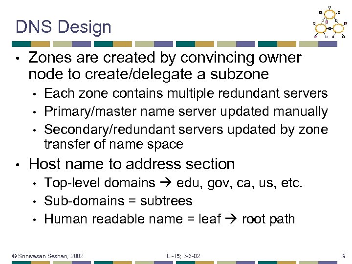DNS Design • Zones are created by convincing owner node to create/delegate a subzone