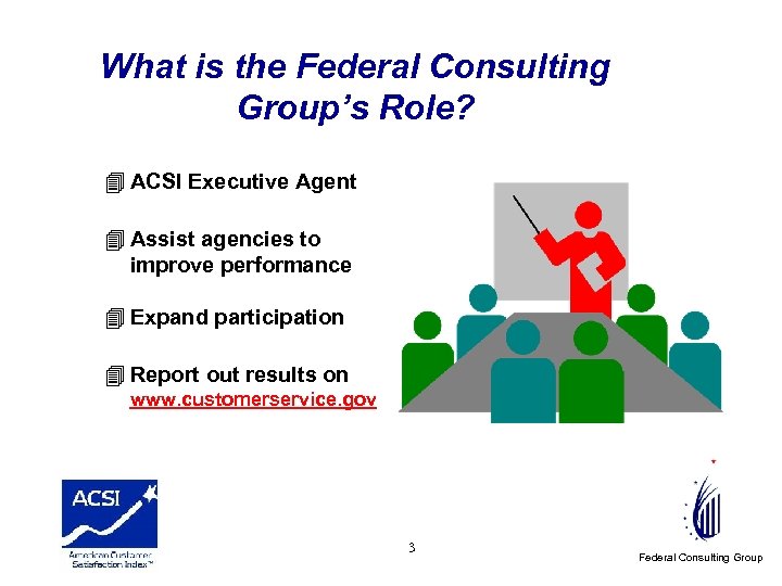 What is the Federal Consulting Group’s Role? 4 ACSI Executive Agent 4 Assist agencies