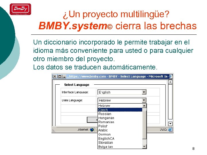 ¿Un proyecto multilingüe? BMBY. system© cierra las brechas Un diccionario incorporado le permite trabajar