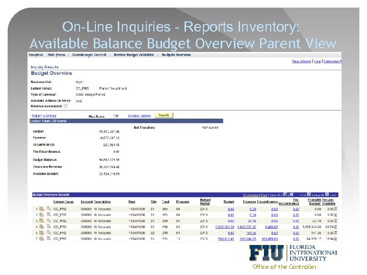 On-Line Inquiries - Reports Inventory: Available Balance Budget Overview Parent View Office of the