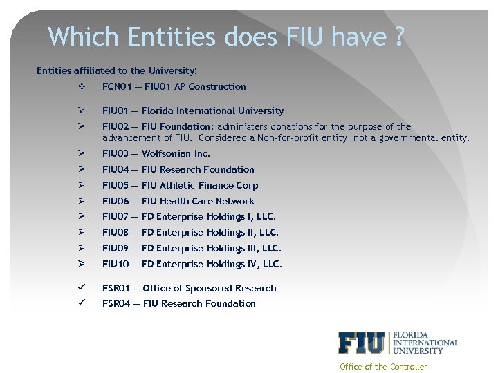 Which Entities does FIU have ? Entities affiliated to the University: v FCN 01