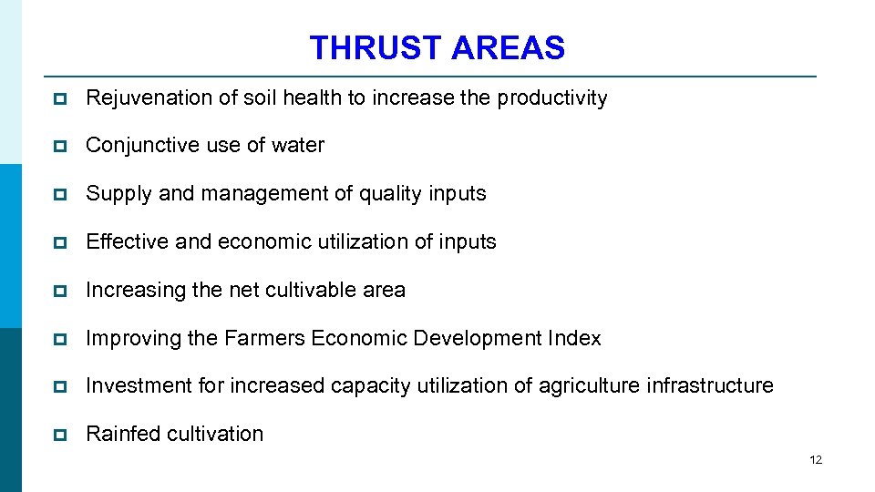 THRUST AREAS p Rejuvenation of soil health to increase the productivity p Conjunctive use