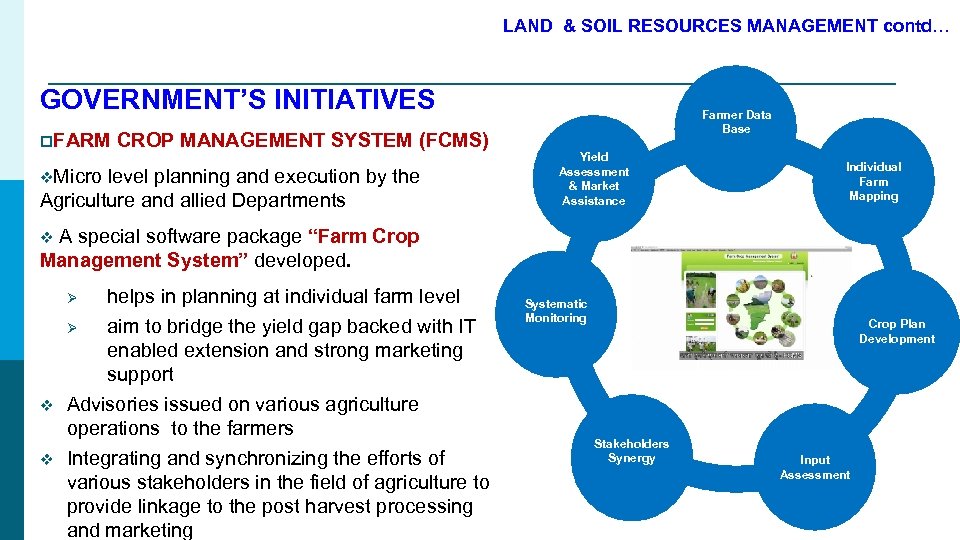 LAND & SOIL RESOURCES MANAGEMENT contd… GOVERNMENT’S INITIATIVES p. FARM CROP MANAGEMENT SYSTEM (FCMS)