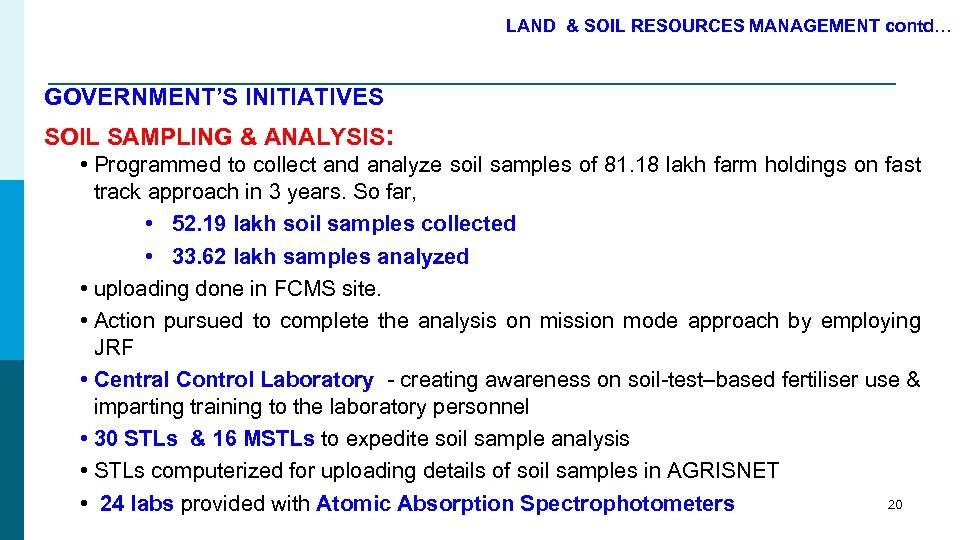LAND & SOIL RESOURCES MANAGEMENT contd… GOVERNMENT’S INITIATIVES SOIL SAMPLING & ANALYSIS: • Programmed