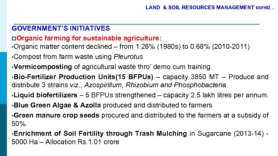 LAND & SOIL RESOURCES MANAGEMENT contd… GOVERNMENT’S INITIATIVES p. Organic farming for sustainable agriculture: