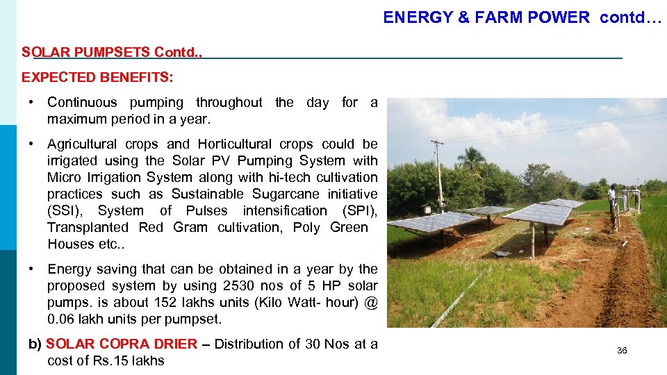 ENERGY & FARM POWER contd… SOLAR PUMPSETS Contd. , EXPECTED BENEFITS: • Continuous pumping