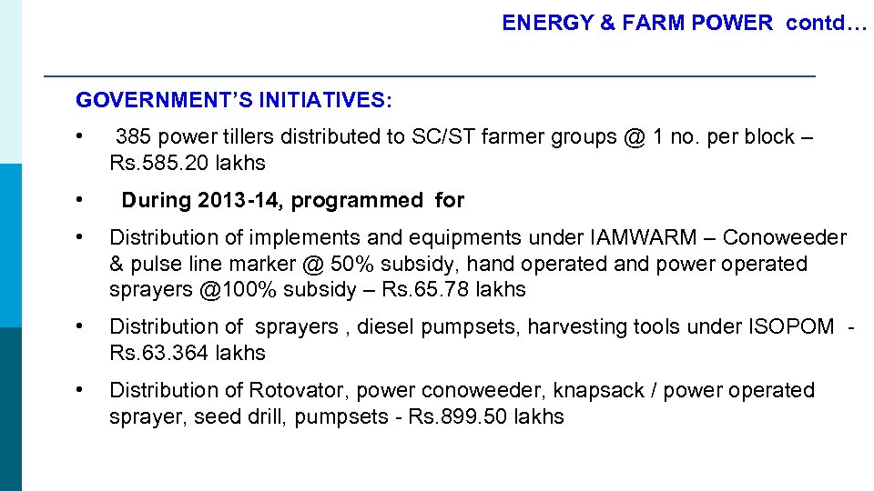 ENERGY & FARM POWER contd… GOVERNMENT’S INITIATIVES: • 385 power tillers distributed to SC/ST