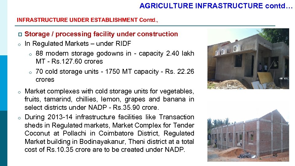 AGRICULTURE INFRASTRUCTURE contd… INFRASTRUCTURE UNDER ESTABLISHMENT Contd. , p o o o Storage /
