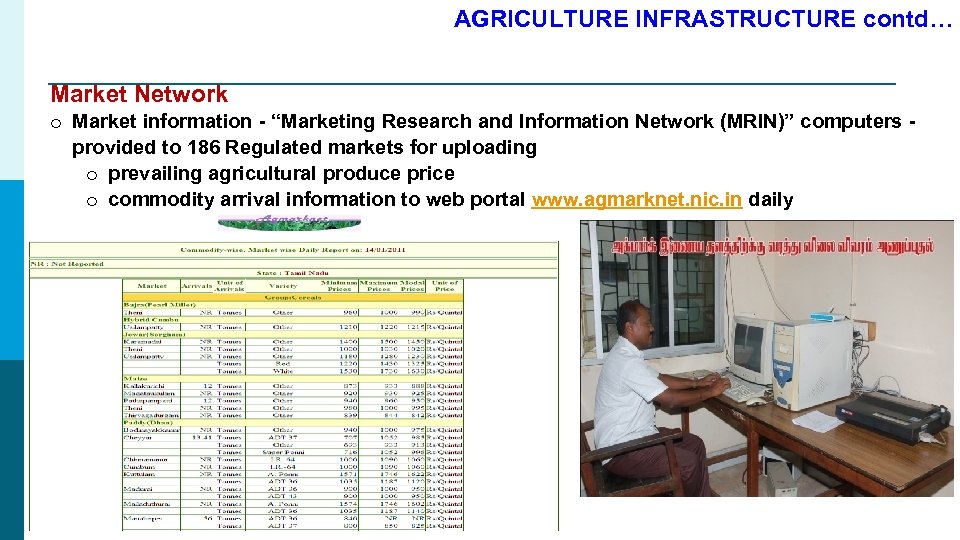 AGRICULTURE INFRASTRUCTURE contd… Market Network o Market information - “Marketing Research and Information Network