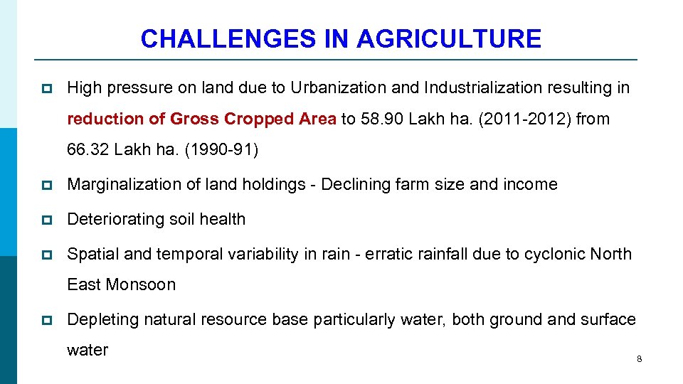 CHALLENGES IN AGRICULTURE p High pressure on land due to Urbanization and Industrialization resulting