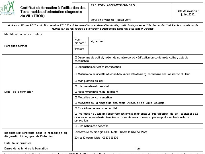 Certificat de formation à l’utilisation des Tests rapides d’orientation diagnostic du VIH (TROD) Réf