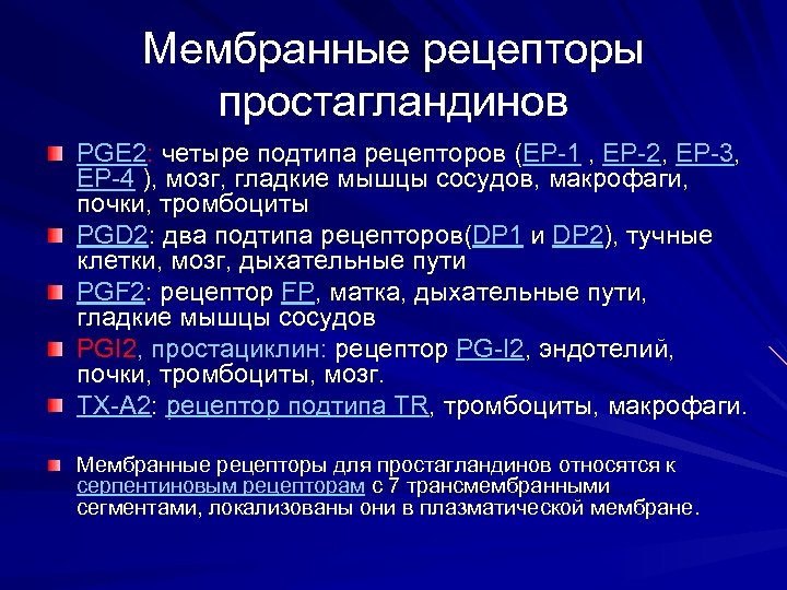 Мембранные рецепторы простагландинов PGE 2: четыре подтипа рецепторов (EP-1 , EP-2, EP-3, EP-4 ),