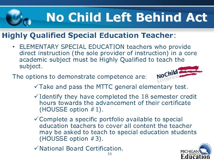 No Child Left Behind Act Highly Qualified Special Education Teacher: • ELEMENTARY SPECIAL EDUCATION