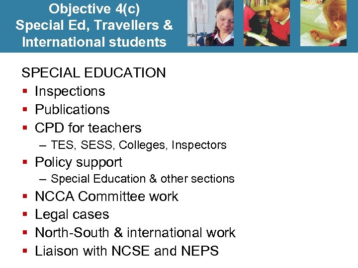 Objective 4(c) Special Ed, Travellers & International students SPECIAL EDUCATION § Inspections § Publications