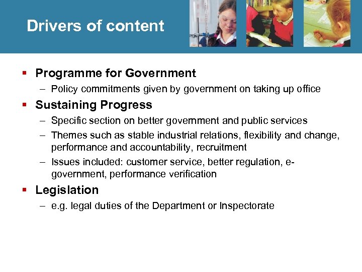 Drivers of content § Programme for Government – Policy commitments given by government on