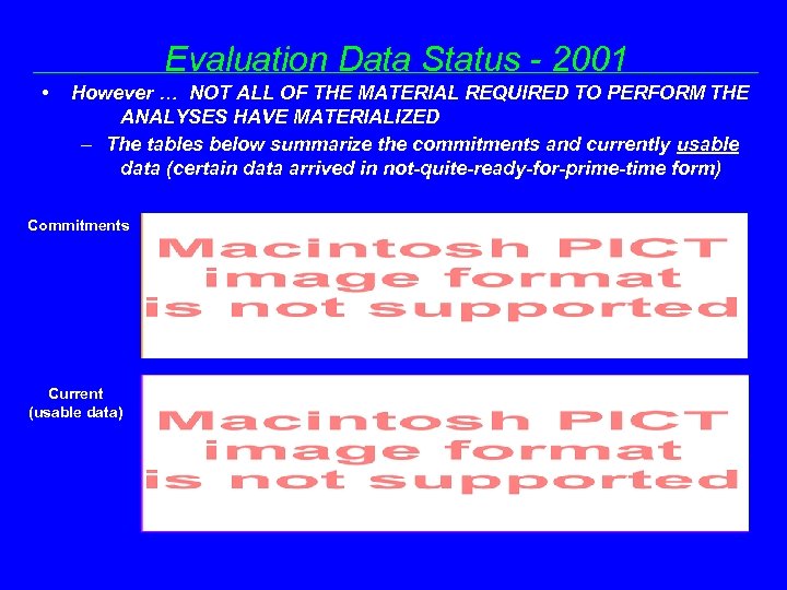 Evaluation Data Status - 2001 • However … NOT ALL OF THE MATERIAL REQUIRED