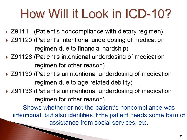 How Will it Look in ICD-10? Z 9111 (Patient’s noncompliance with dietary regimen) Z