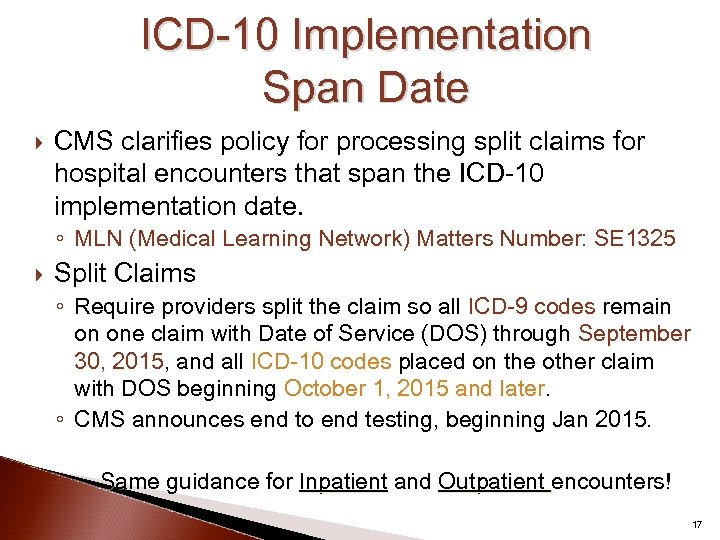 ICD-10 Implementation Span Date CMS clarifies policy for processing split claims for hospital encounters