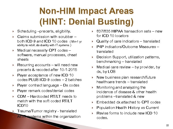 Non-HIM Impact Areas (HINT: Denial Busting) Scheduling –precerts, eligibility. Claims submission with scrubber –