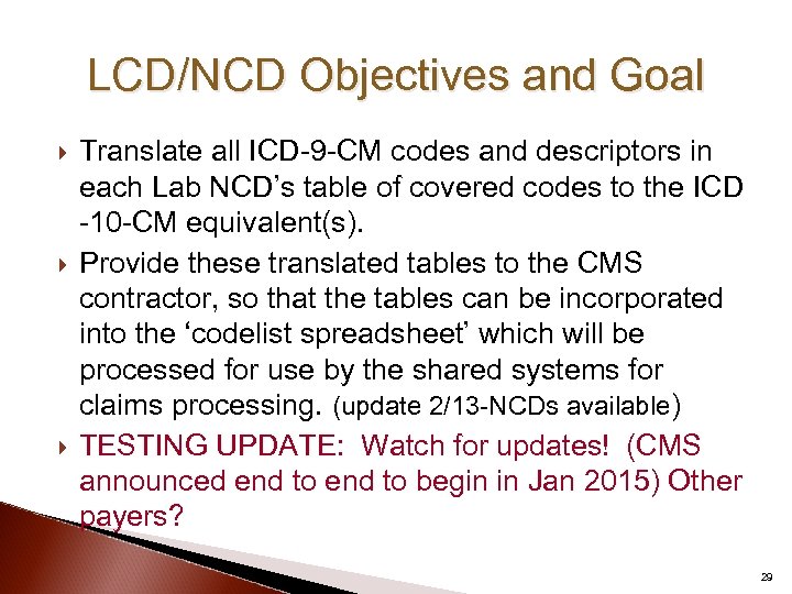 LCD/NCD Objectives and Goal Translate all ICD-9 -CM codes and descriptors in each Lab