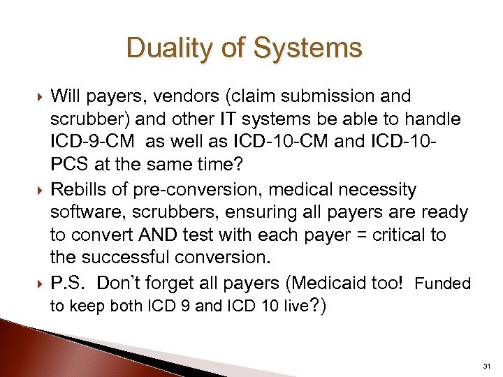 Duality of Systems Will payers, vendors (claim submission and scrubber) and other IT systems