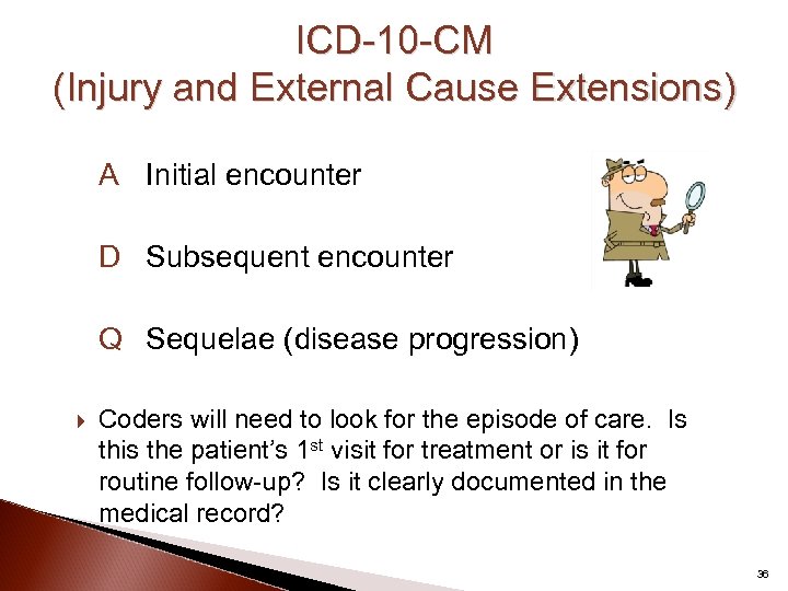 ICD-10 -CM (Injury and External Cause Extensions) A Initial encounter D Subsequent encounter Q