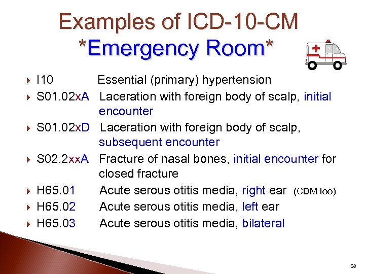 Examples of ICD-10 -CM *Emergency Room* I 10 Essential (primary) hypertension S 01. 02