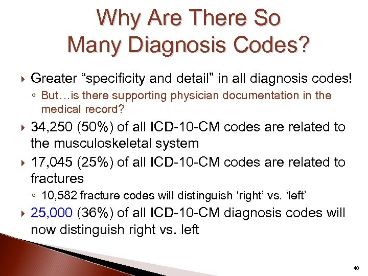 Why Are There So Many Diagnosis Codes? Greater “specificity and detail” in all diagnosis