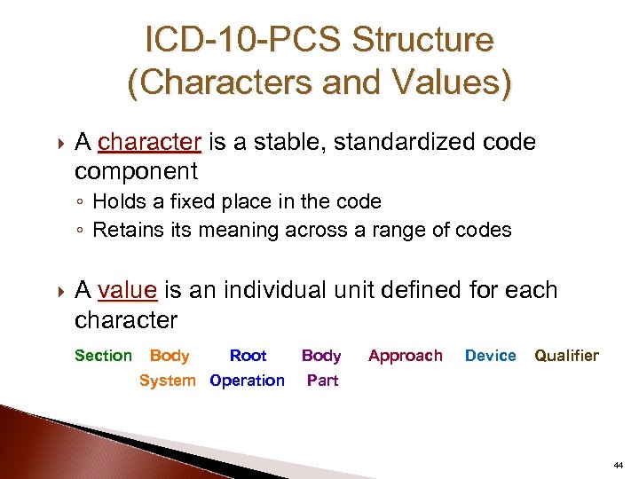 ICD-10 -PCS Structure (Characters and Values) A character is a stable, standardized code component