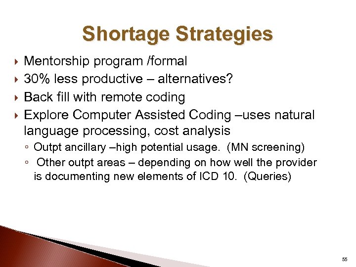 Shortage Strategies Mentorship program /formal 30% less productive – alternatives? Back fill with remote