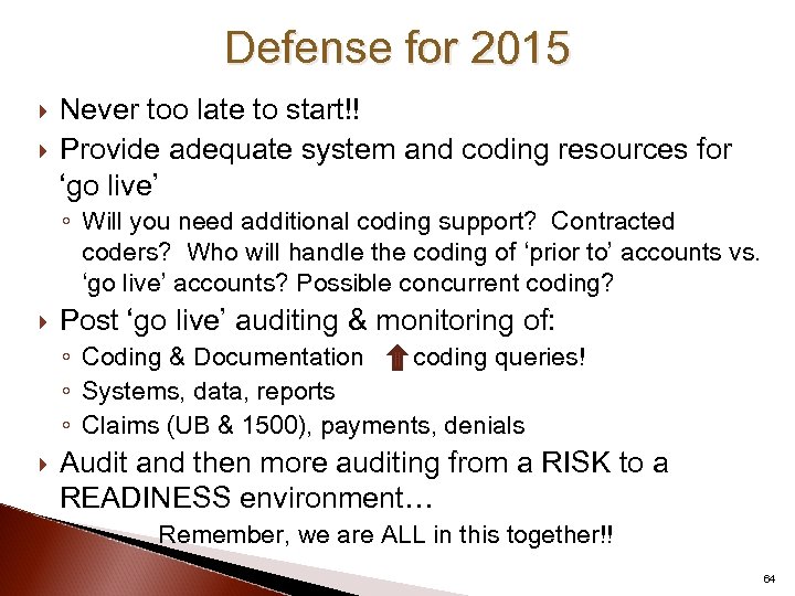 Defense for 2015 Never too late to start!! Provide adequate system and coding resources