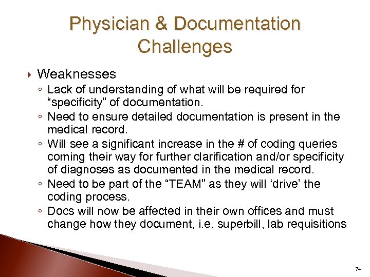 Physician & Documentation Challenges Weaknesses ◦ Lack of understanding of what will be required