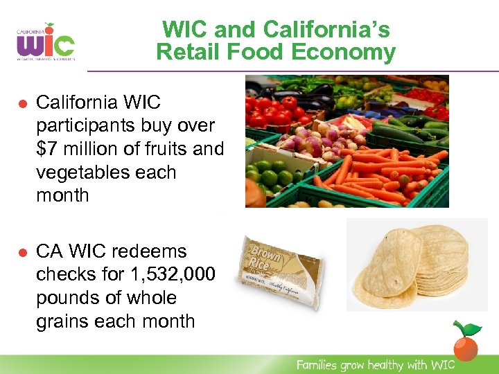WIC and California’s Retail Food Economy l California WIC participants buy over $7 million