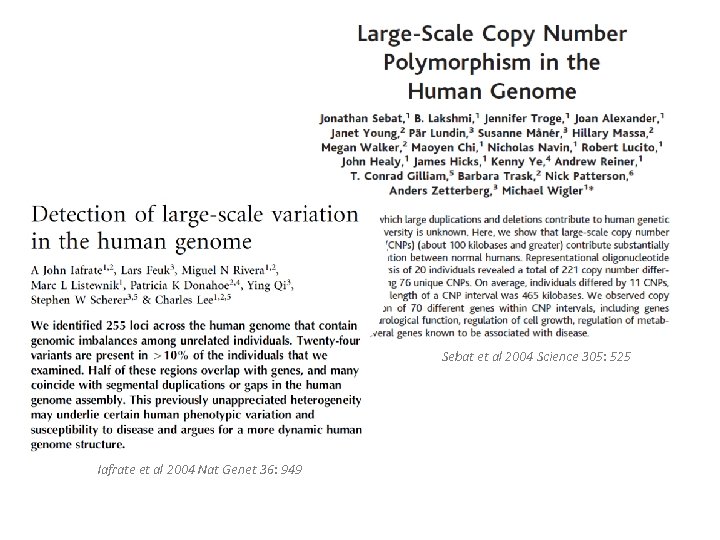 Sebat et al 2004 Science 305: 525 Iafrate et al 2004 Nat Genet 36: