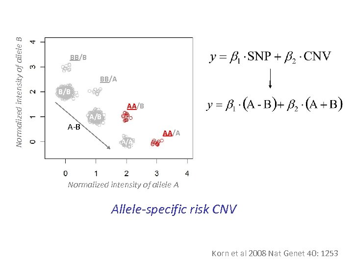 Normalized intensity of allele B BB/A B/B AA/B A-B A/B AA/A Normalized intensity of