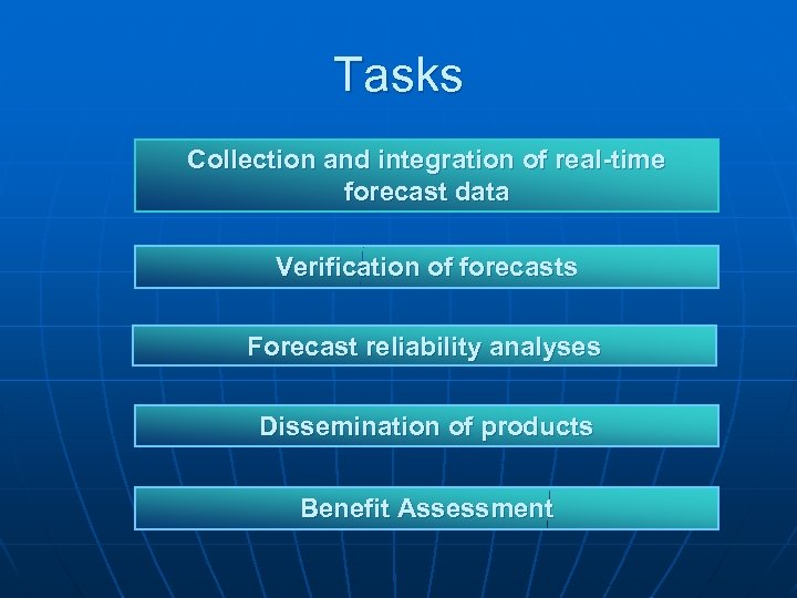Tasks Collection and integration of real-time forecast data Verification of forecasts Forecast reliability analyses