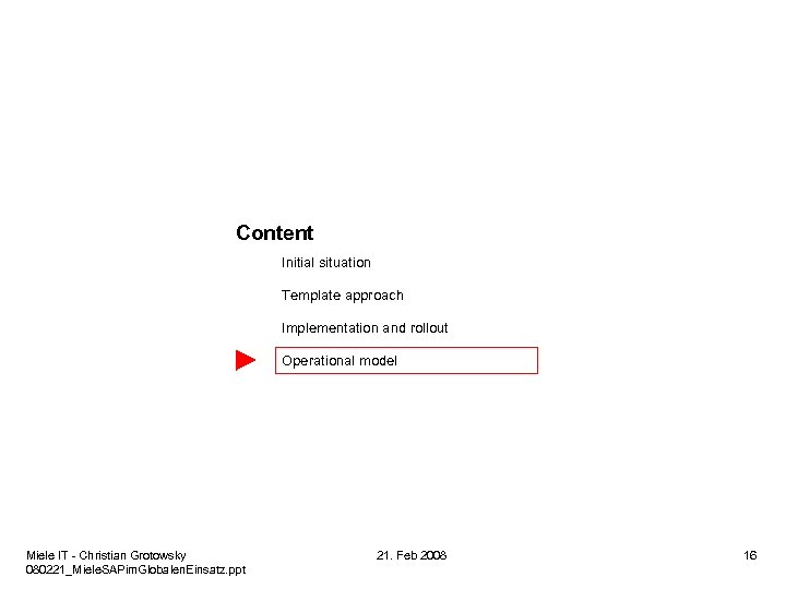 Content Initial situation Template approach Implementation and rollout Operational model Miele IT - Christian