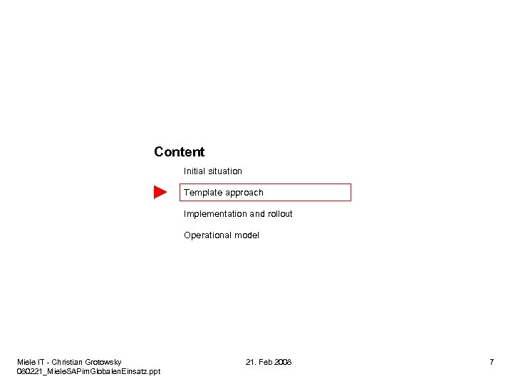 Content Initial situation Template approach Implementation and rollout Operational model Miele IT - Christian