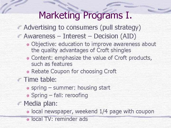 Marketing Programs I. Advertising to consumers (pull strategy) Awareness – Interest – Decision (AID)