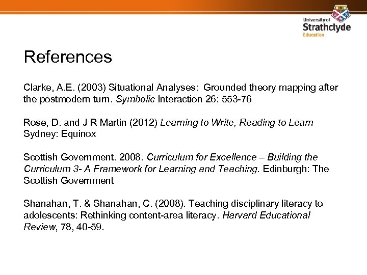 References Clarke, A. E. (2003) Situational Analyses: Grounded theory mapping after the postmodern turn.