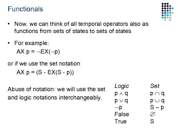 Functionals • Now, we can think of all temporal operators also as functions from