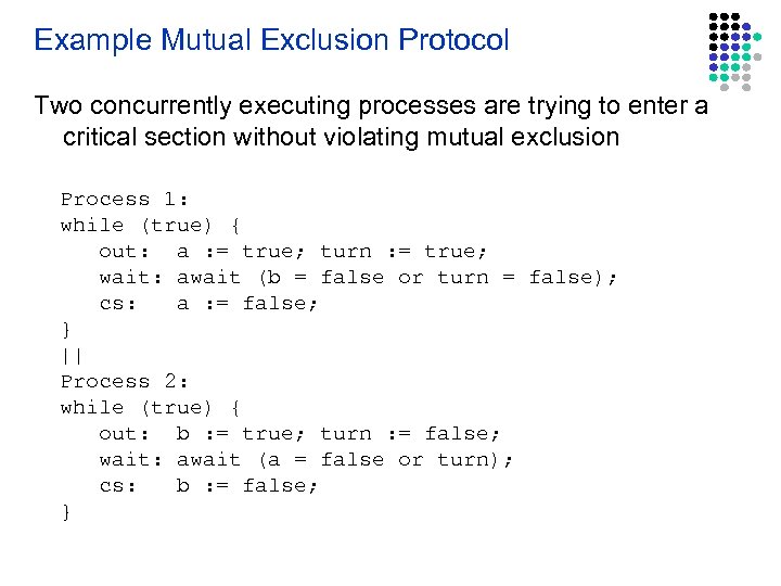 Example Mutual Exclusion Protocol Two concurrently executing processes are trying to enter a critical