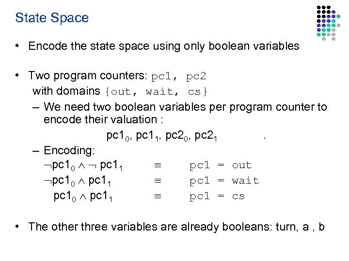 State Space • Encode the state space using only boolean variables • Two program