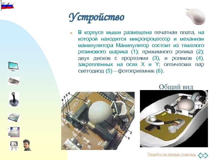 Устройство n В корпусе мыши размещена печатная плата, на которой находятся микропроцессор и механизм