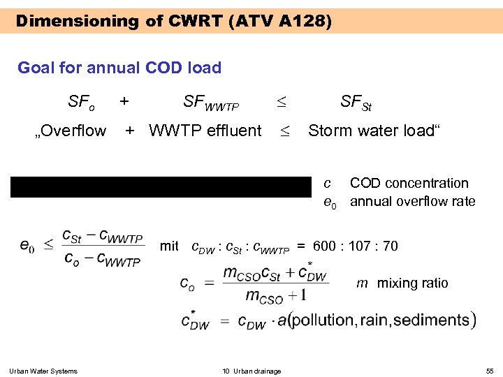 Dimensioning of CWRT (ATV A 128) Goal for annual COD load SFo + SFWWTP