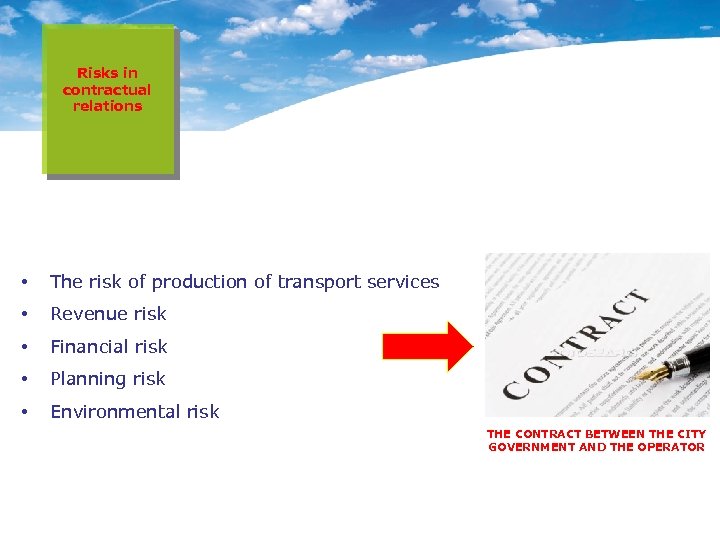 Risks in contractual relations • The risk of production of transport services • Revenue