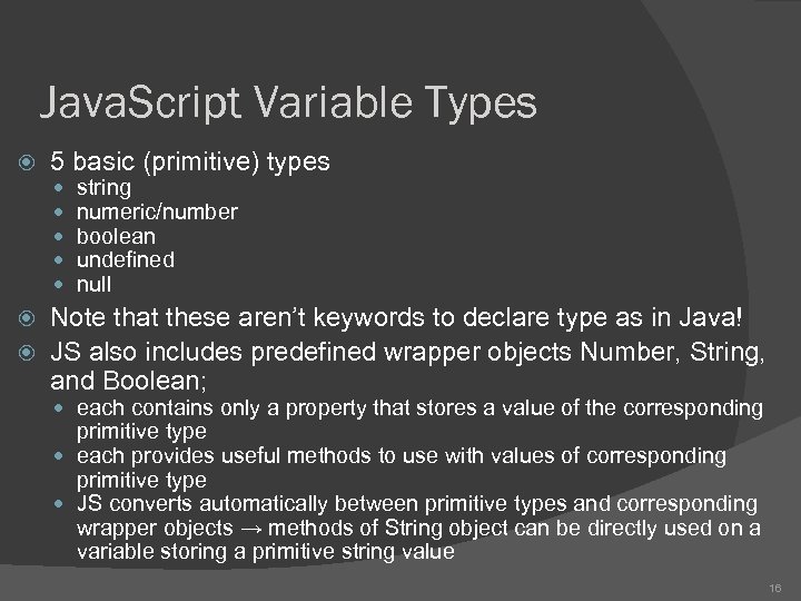 Java. Script Variable Types 5 basic (primitive) types string numeric/number boolean undefined null Note