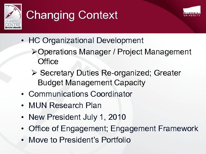 Changing Context • HC Organizational Development ØOperations Manager / Project Management Office Ø Secretary