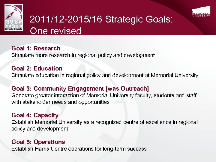 2011/12 -2015/16 Strategic Goals: One revised Goal 1: Research Stimulate more research in regional
