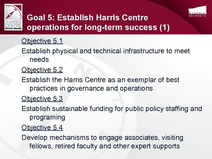 Goal 5: Establish Harris Centre operations for long-term success (1) Objective 5. 1 Establish